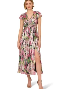 Adrianna Papell Floral Metallic Crinkle Gown Women's