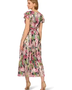 Adrianna Papell Floral Metallic Crinkle Gown Women's
