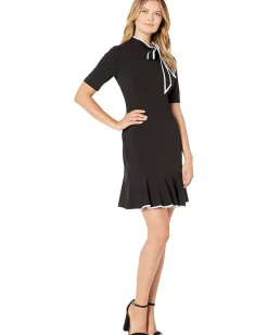 Adrianna Papell Knit Crepe Tie Neck Flounce Dress Women's