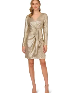 Adrianna Papell Metallic Foil Knit Draped Cocktail Dress Women's