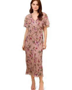 Adrianna Papell Printed Metallic Crinkle Floral Dress Women's