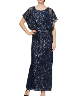 Alex Evenings Long Blouson Column Dress with Flutter Sleeves Women's