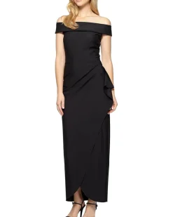 Alex Evenings Long Stretch Scuba Off The Shoulder Dress with Cascade Ruffle Women's