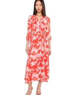 Calvin Klein Long Sleeve Floral Chiffon Self Tie Midi Women's