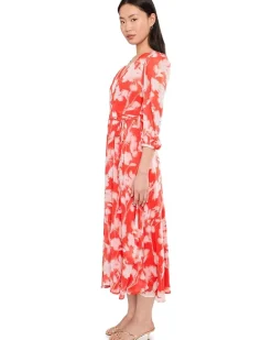 Calvin Klein Long Sleeve Floral Chiffon Self Tie Midi Women's