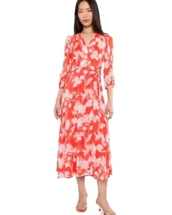Calvin Klein Long Sleeve Floral Chiffon Self Tie Midi Women's