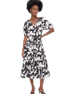 Calvin Klein Puff Sleeve Commuter Floral Tiered Midi Women's