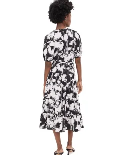 Calvin Klein Puff Sleeve Commuter Floral Tiered Midi Women's