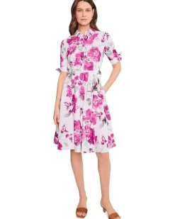 Calvin Klein Short Sleeve Scuba Crepe Self Tie Floral Shirt Dress Women's