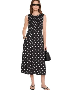 Calvin Klein Sleeveless Smocked Polka Dot Midi Women's