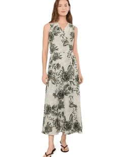 Calvin Klein Sleeveless V-Neck Floral Gauze Faux Wrap Dress Women's