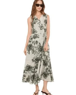Calvin Klein Sleeveless V-Neck Floral Gauze Faux Wrap Dress Women's