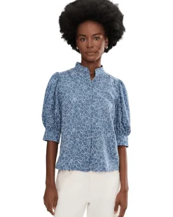 CeCe Chambray Short Sleeve Hidden Placket Top Women's