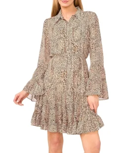 CeCe Collared Ruffled Flounce Long Sleeve Dress Women's