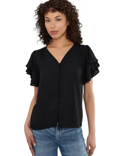 CeCe Double Flutter Sleeve Shirred Shoulder Top Women's