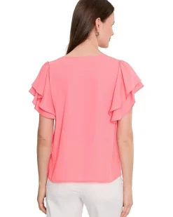 CeCe Double Flutter Sleeve Shirred Shoulder Top Women's