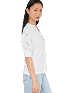 CeCe Elbow Puff Sleeve Mixed Media Lace Top Women's