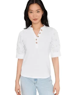 CeCe Elbow Puff Sleeve Mixed Media Lace Top Women's