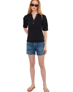 CeCe Elbow Puff Sleeve Mixed Media Lace Top Women's
