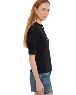 CeCe Elbow Puff Sleeve Mixed Media Lace Top Women's