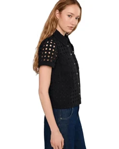 CeCe Eyelet Short Sleeve Collared Button Down Top Women's