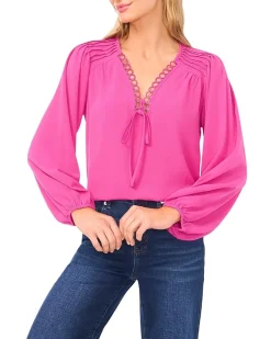 CeCe Long Sleeve Circular Trim Pintuck Top Women's