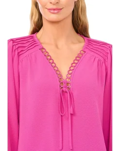 CeCe Long Sleeve Circular Trim Pintuck Top Women's