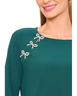 CeCe Pearl Bow Applique Long Sleeve Knit Top Women's