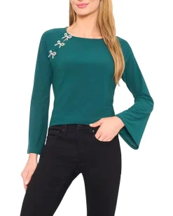 CeCe Pearl Bow Applique Long Sleeve Knit Top Women's