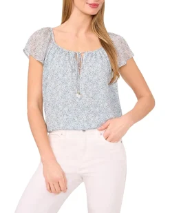 CeCe Printed Round Neckline Flutter Slv Top Women's