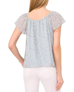 CeCe Printed Round Neckline Flutter Slv Top Women's