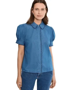 CeCe Short Sleeve Scallop Button-Up Top Women's