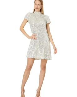 CeCe S/S Mock Nk Sequin A-Line Dress W/ Back Bow 246 Women's