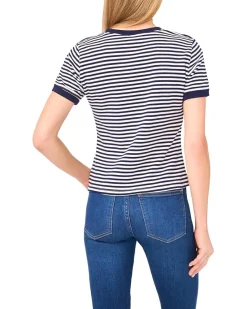 CeCe Striped Baby Tee With Crest Button Detail Women's