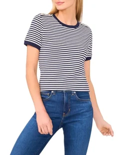 CeCe Striped Baby Tee With Crest Button Detail Women's