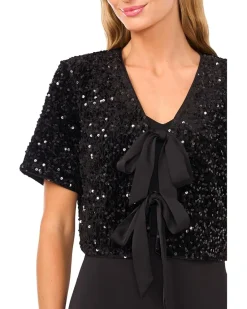 CeCe Velvet Sequin Short Sleeve Bow Front Top Women's