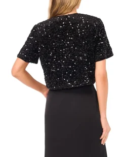 CeCe Velvet Sequin Short Sleeve Bow Front Top Women's
