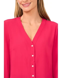 CeCe V-Neck Button Front Long Sleeve Top Women's