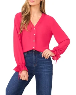 CeCe V-Neck Button Front Long Sleeve Top Women's
