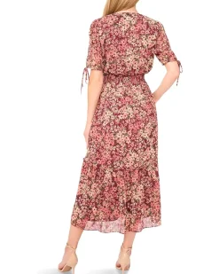 CeCe V-neck Tie Sleeve Smocked Waist Midi Dress Women's