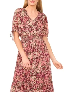 CeCe V-neck Tie Sleeve Smocked Waist Midi Dress Women's
