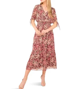 CeCe V-neck Tie Sleeve Smocked Waist Midi Dress Women's
