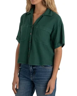 KUT from the Kloth Brianna - Boxy Button Front Shirt with Short Sleeve & Pocket Women's