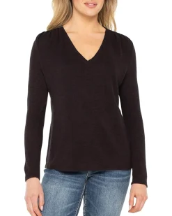 Liverpool Los Angeles Long Sleeve V-Neck Knit Top W/ Shirring Women's