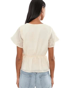 Liverpool Los Angeles Petite Short Sleeve Wrap Front Woven Top with Tie Women's
