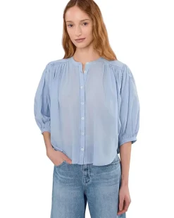 Madewell Shirred Crewneck Button-Up Top Women's
