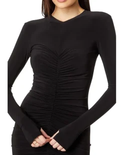 Norma Kamali Long Sleeve V-Neck Shirred Front Dress To Knee Women's