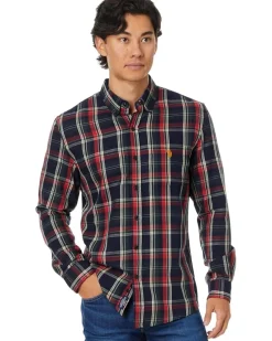 U.S. POLO ASSN. Long Sleeve Classic Fit 1 Pocket Yarn Dye Peached Twill Navy/ Red Plaid Woven Shirt Men's